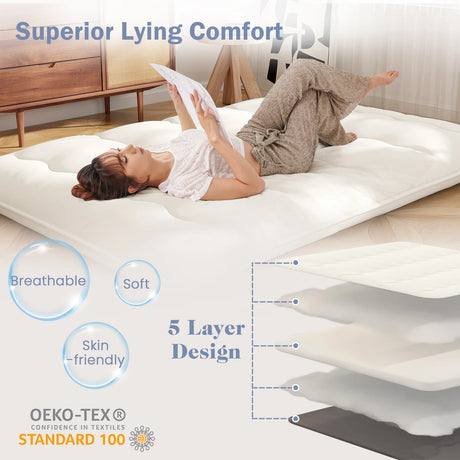 Japanese Floor Mattress with Washable Cover and Carry Bag-Beige-Double Size