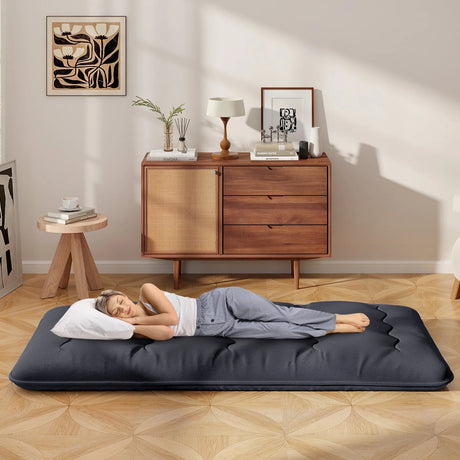 Japanese Floor Mattress with Washable Cover and Carry Bag-Black-Compact Double