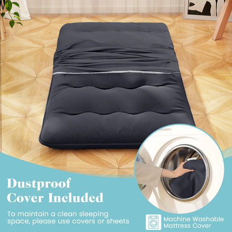 Japanese Floor Mattress with Washable Cover and Carry Bag-Black-Compact Double