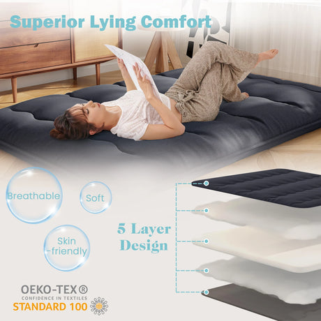 Japanese Floor Mattress with Washable Cover and Carry Bag-Black-Compact Double