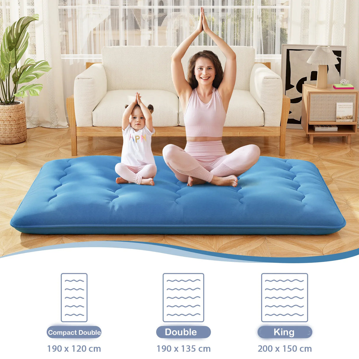 Japanese Floor Mattress with Washable Cover and Carry Bag-Blue-King Size