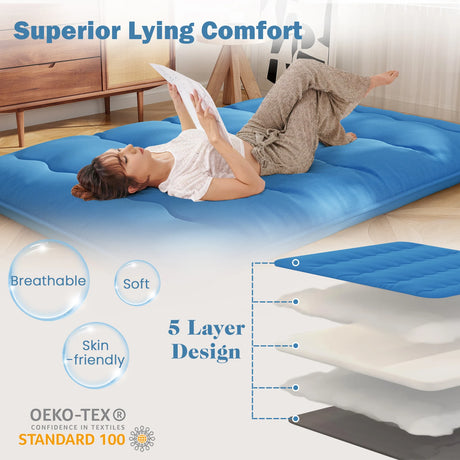 Japanese Floor Mattress with Washable Cover and Carry Bag-Blue-King Size