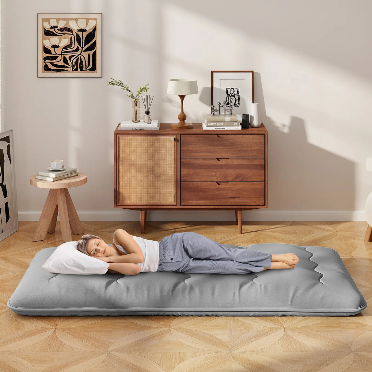 Japanese Floor Mattress with Washable Cover and Carry Bag-Grey-Compact Double