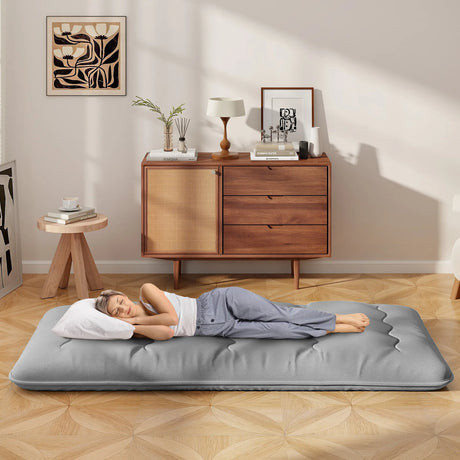 Japanese Floor Mattress with Washable Cover and Carry Bag-Grey-Compact Double