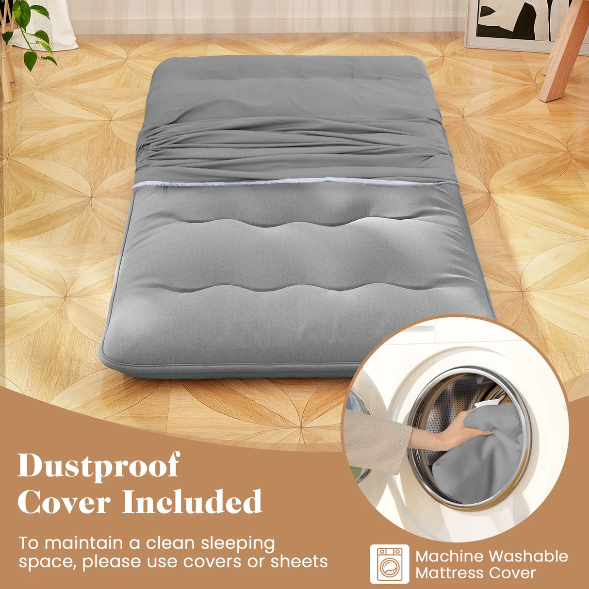 Japanese Floor Mattress with Washable Cover and Carry Bag-Grey-Compact Double
