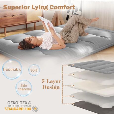 Japanese Floor Mattress with Washable Cover and Carry Bag-Grey-King Size