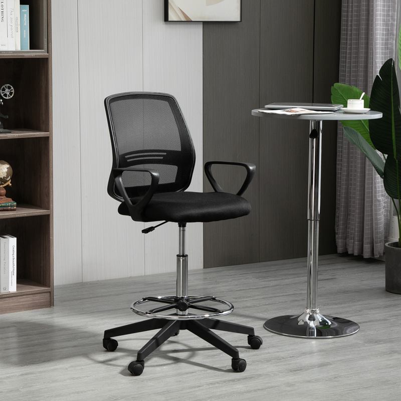 Vinsetto Ergonomic Mesh Back Draughtsman Chair, Tall Standing Desk Chair with Adjustable Height and Footrest 360 Swivel, Black