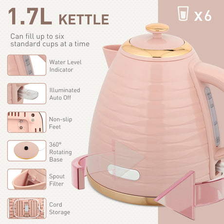 HOMCOM 3000W 1.7L Kettle & 4 Slice Toaster, Kettle and Toaster Set with 7 Browning Controls and Crumb Tray, Light Pink