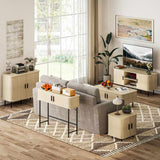 HOMCOM Coffee Table with Storage, Living Room Table with Slatted Tambour Sliding Doors and Foot Pads, Rectangular Coffee Table with Elevated Base for Living Room, Oak