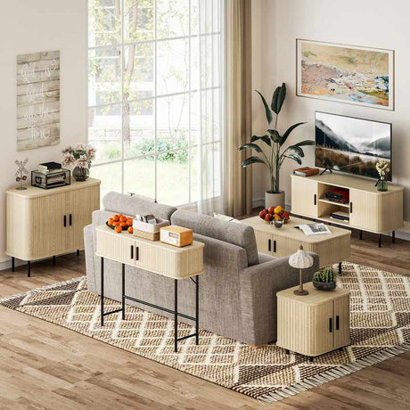 HOMCOM Coffee Table with Storage, Living Room Table with Slatted Tambour Sliding Doors and Foot Pads, Rectangular Coffee Table with Elevated Base for Living Room, Oak