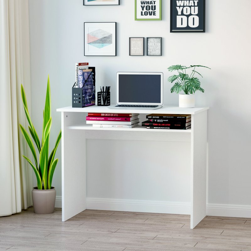 HOMCOM Modern Computer Desk, Home Office Table, Small Writing Desk with Storage Shelf, 90 x 50cm, White Wood Grain