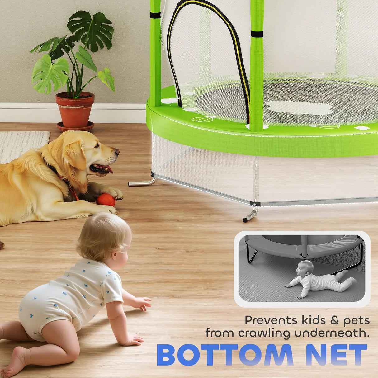 AIYAPLAY 4.6ft Toddler Trampoline w/ Safety Enclosure Net, for Indoor Outdoor Use, Ages 3-6 Years, Green