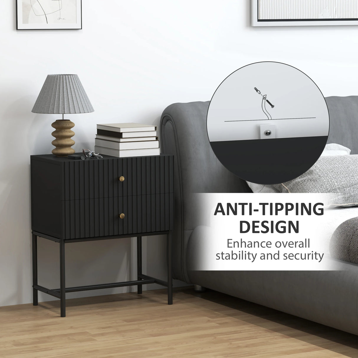 HOMCOM Elegant Two-Drawer Bedside Table - Black