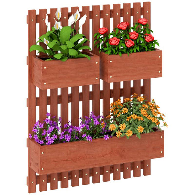 Outsunny Wall-mounted Wooden Garden Planters with Trellis, Drainage Holes and 3 Planter Boxes for Patio, Brown