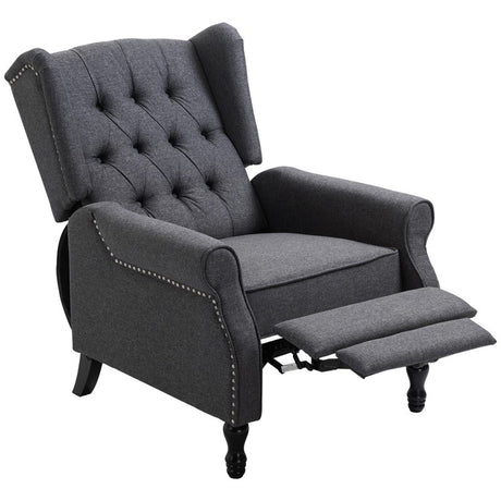 HOMCOM Recliner Armchair, Vintage Reclining Chair with Nail Head Trim, Wingback Chair with Button Tufted Back and Footrest, for Living Room, Dark Grey