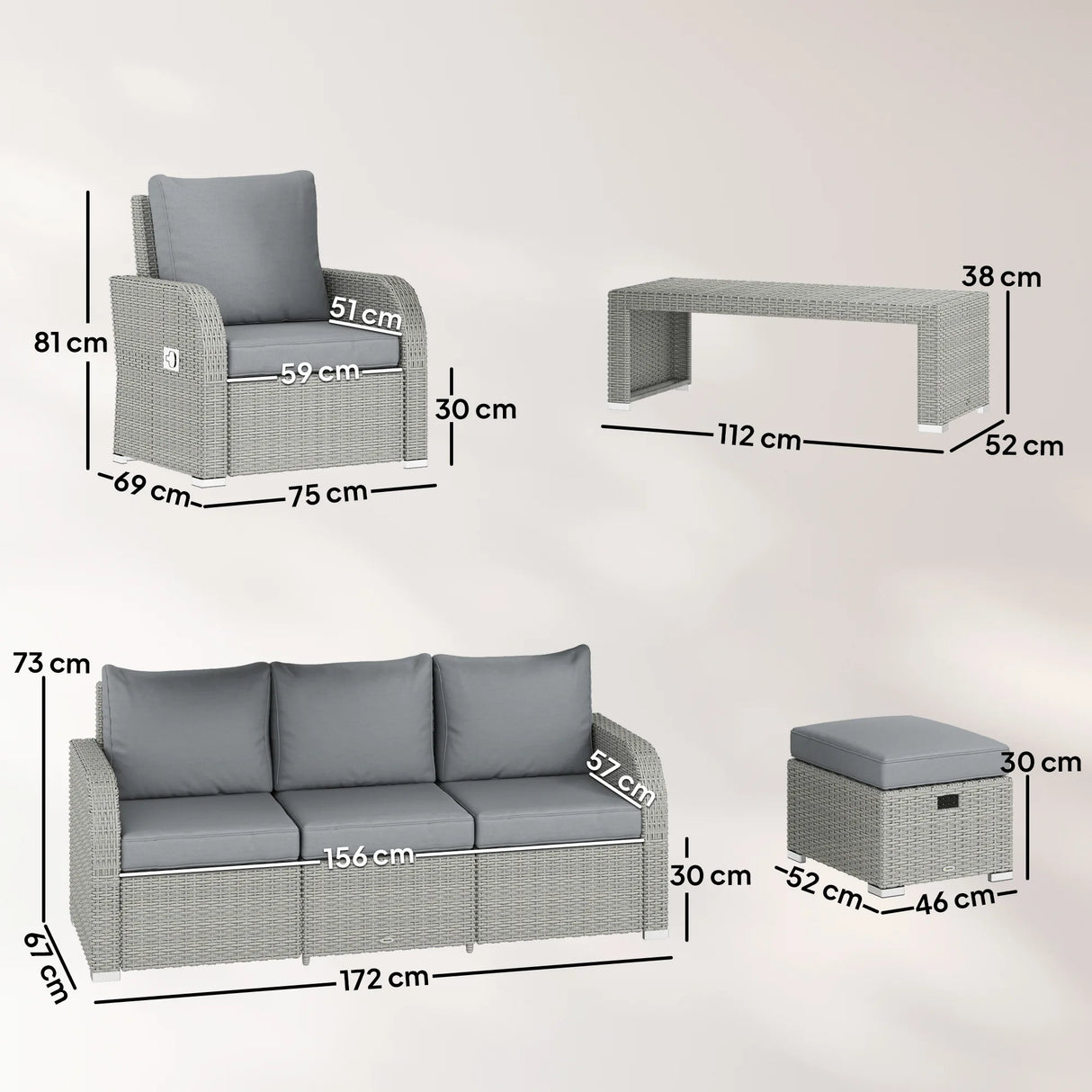 Outsunny Six-piece Rattan Garden Furniture Set with Reclining Armchairs - Dark Grey
