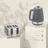 HOMCOM Stainless Steel Kettle and Toaster Set, 1.7L 3000W Rapid Boil Jug Kettle with UK Strix Thermostat, Limescale Filter, 4 Slice Toaster with 7 Browning Controls, Crumb Tray, Grey and Silver Tone