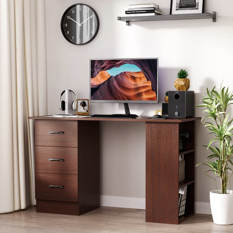 HOMCOM Computer Desk, Writing Table, PC Workstation with 3 Storage Shelves and Drawers, Black Handle, for Home Office, Walnut Brown