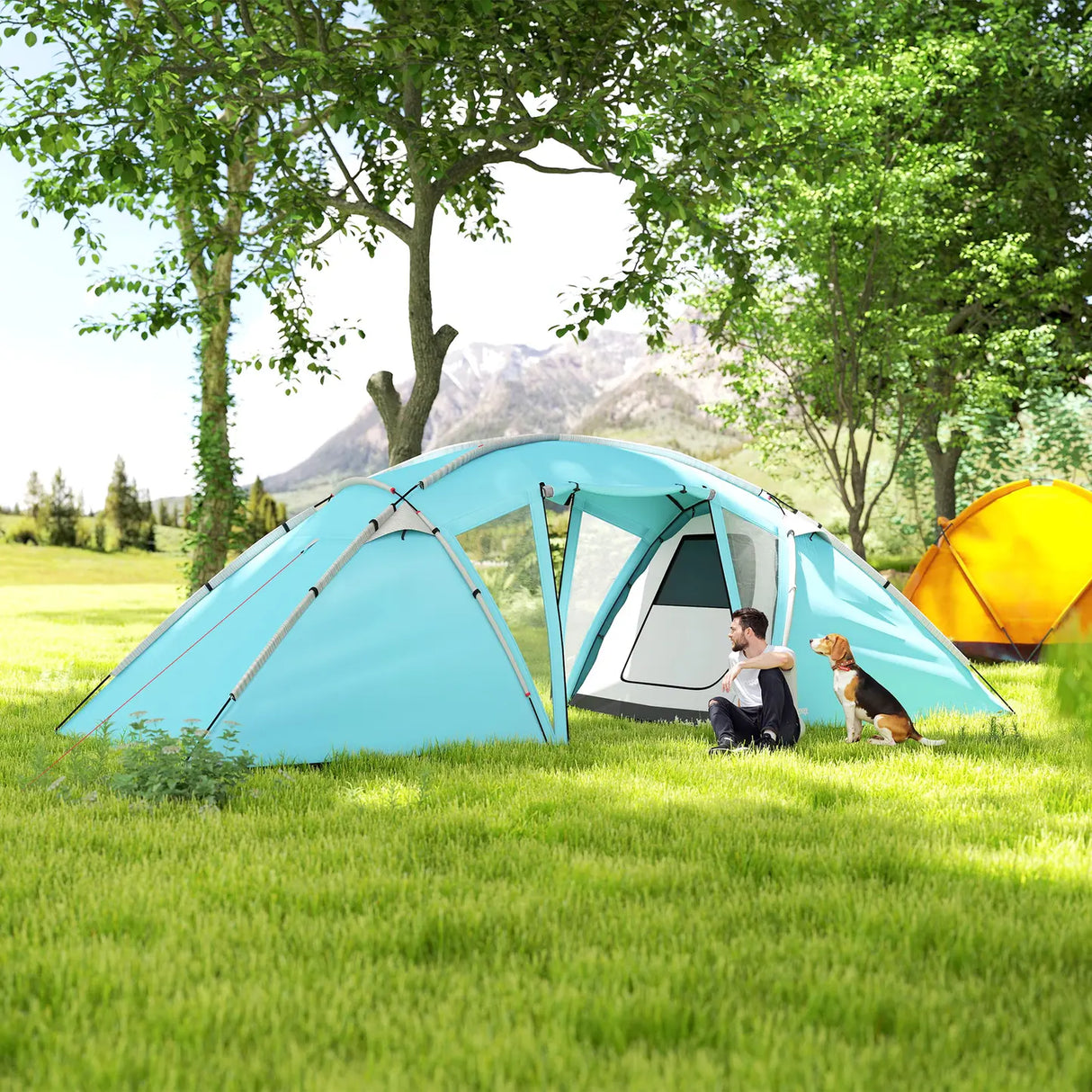 Outsunny 4-6 Man Family Camping Tent w/ 2 Bedrooms and a Living Room, Waterproof Tunnel Tent w/ Sewn In Groundsheet, Doors, Windows, Carry Bag, Blue
