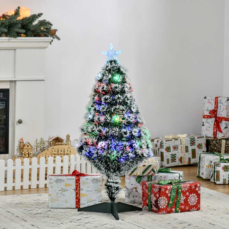 HOMCOM 3ft Artificial Prelit Christmas Tree, Snow Xmas Tree with Colourful LED Lighting Fiber Optics, Green White