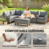 Outsunny 9 Seater Rattan Garden Furniture Corner Sofa Set, Outdoor Dining Set with Faux Wood Table, Ottoman, Cushions, Dark Grey