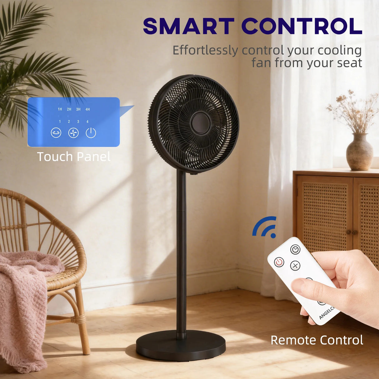 HOMCOM 40 cm Standing Fan, Cooling Floor Fan with 80 Oscillating, Adjustable Tilt and Height, 4 Speed, Remote Control, Black