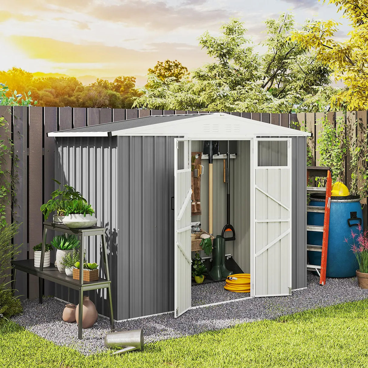Outsunny 8 x 4 ft Metal Garden Shed, Garden Storage Shed with Window, 4 Vents and Lockable Door, Waterproof Galvanised Steel Tool Storage Shed, Light Grey