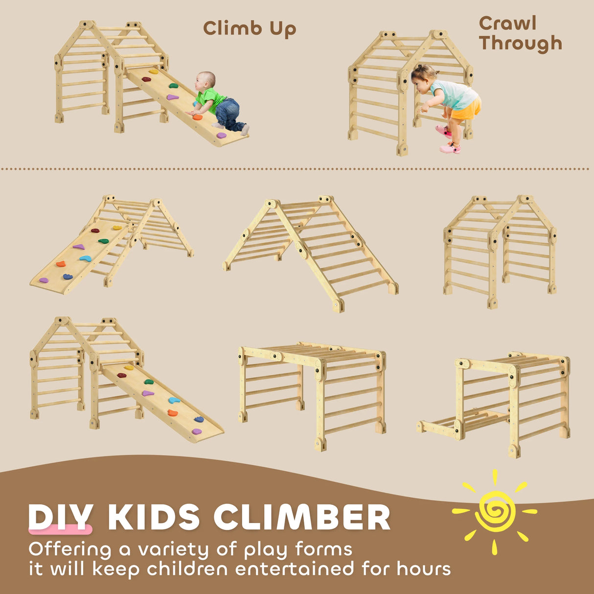 AIYAPLAY 3 in 1 Kids Climbing Set Indoor with Sliding Ramp, Foldable design, Gift for 2-6 Years Old