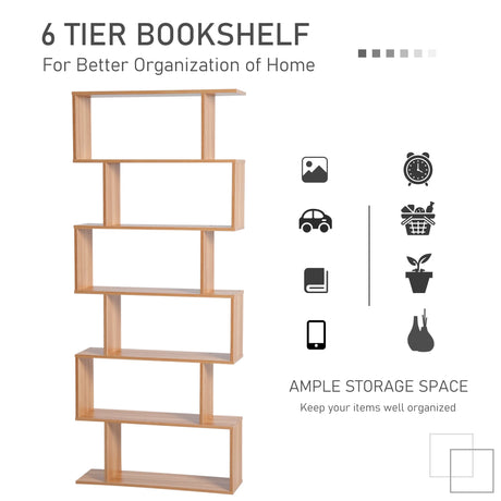 HOMCOM Bookcase, 6 Tier Shelf S Shaped Bookshelf, Storage Unit, Display Shelf for Living Room, Bedroom, Home Office, Plant, Maple