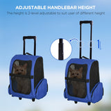 PawHut Pet Travel Backpack Bag Cat Puppy Dog Carrier w/ Trolley and Telescopic Handle Portable Stroller Wheel Luggage Bag (Blue)