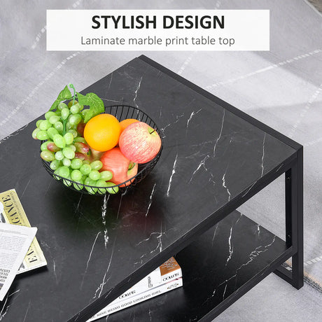 HOMCOM Coffee Table, Two-Tier Faux Marble Effect Centre Table with Metal Frame and Storage Shelf for Living Room, 106 x 50 x 45cm, Black