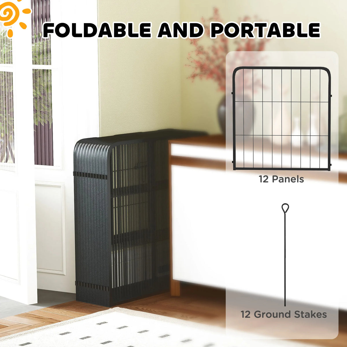 PawHut 12-Panel Solid Dog Playpen with Doors, for Small Dogs, 60cm High, Black