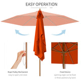 Outsunny 2.5m Wood Garden Parasol Sun Shade Patio Outdoor Wooden Umbrella Canopy, Table Market Umbrella with Vent, 38mm Pole, Rope Pulley Mechanism, Orange
