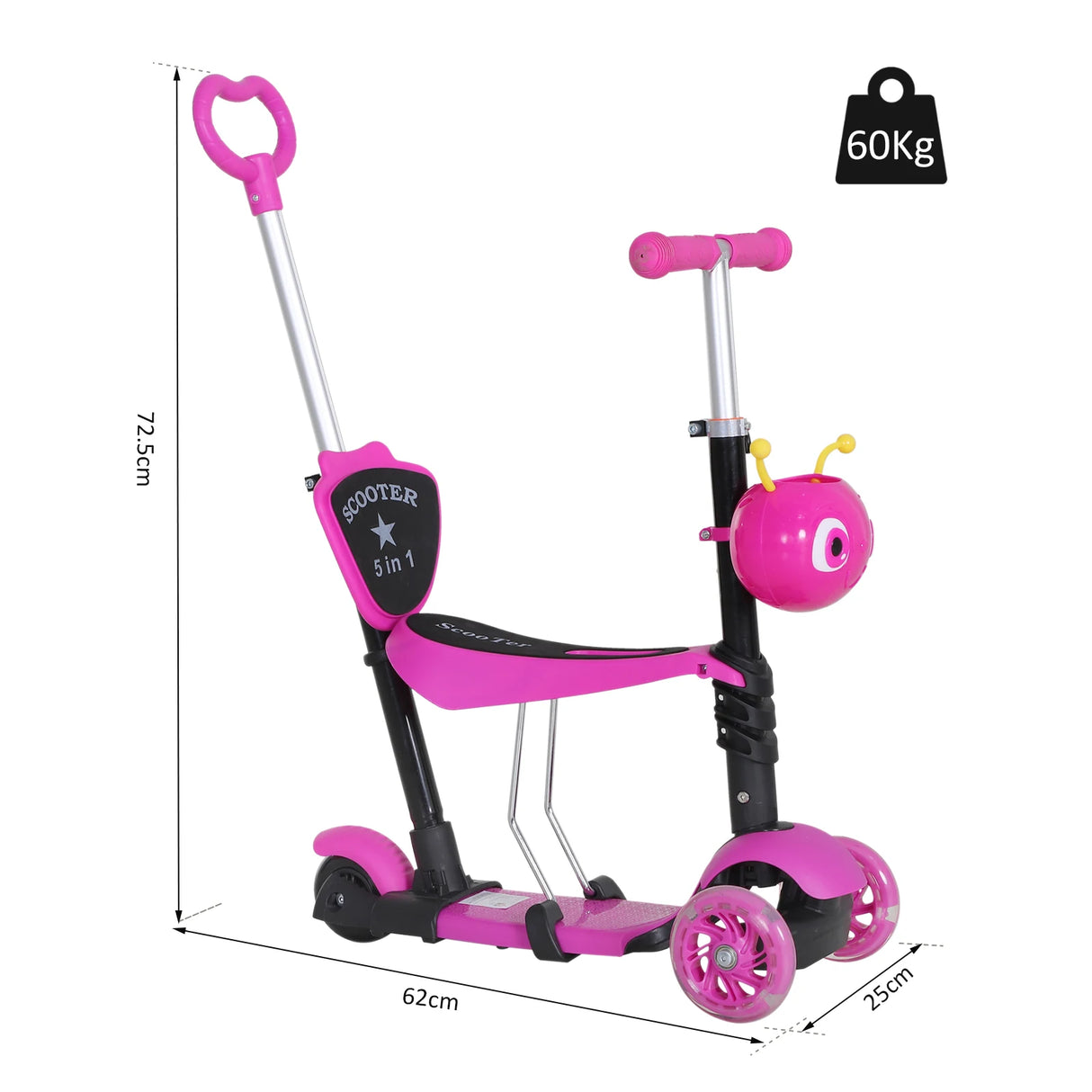 HOMCOM Adjustable Kids Toddler Scooter, with Removable Seat, Back Handle, Pink