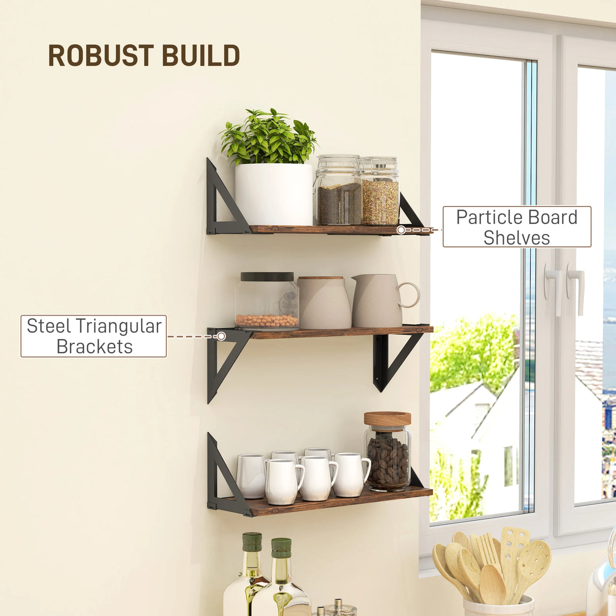 HOMCOM Set of 3 Wall Shelves, 43cm Vintage Wall Mounted Floating Shelves for Living Room, Entryway, Bedroom, Rustic Brown