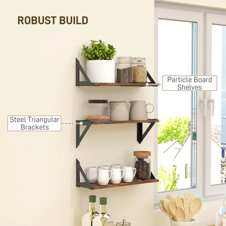HOMCOM Set of 3 Wall Shelves, 43cm Vintage Wall Mounted Floating Shelves for Living Room, Entryway, Bedroom, Rustic Brown