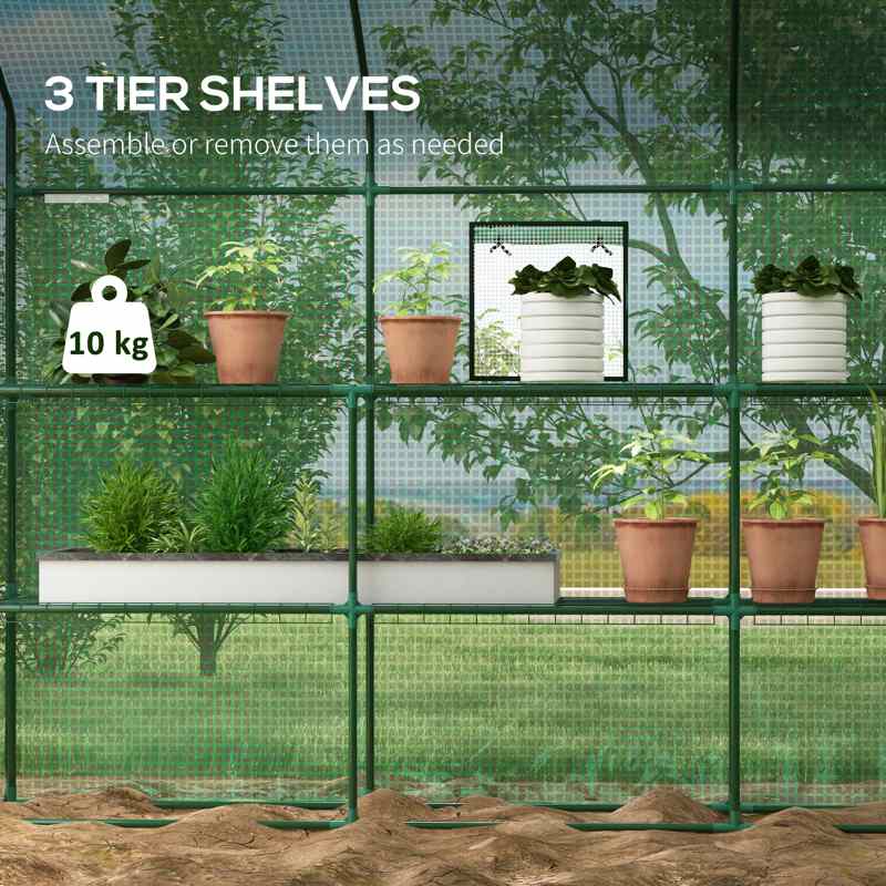 Outsunny Walk-in Greenhouse with 3 Tier 12 Shelves, Small Greenhouse with Reinforced PE Cover, Garden Plant Growhouse with Roll-up Door and Three Mesh Windows, 140 x 213 x 190 cm, Green