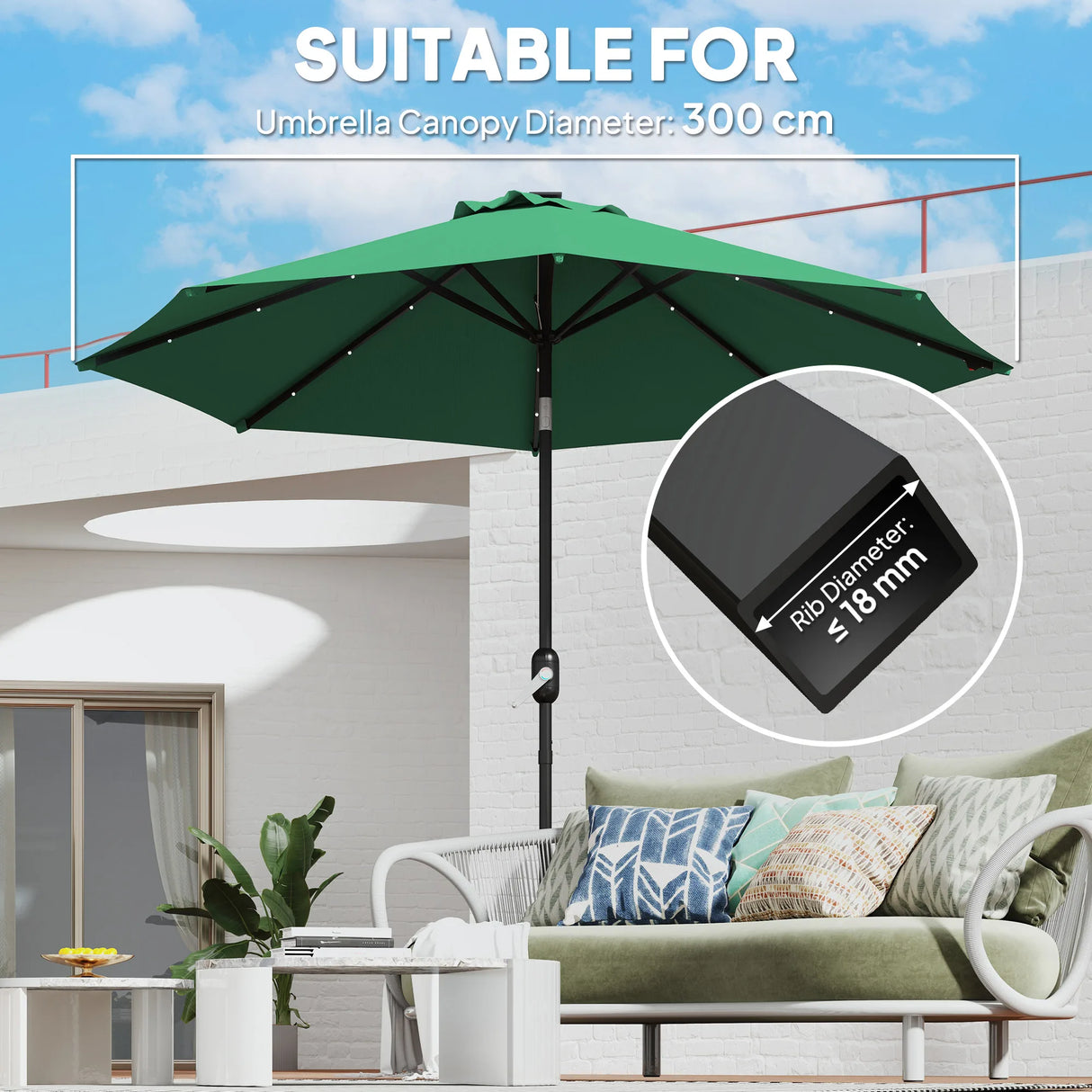 Outsunny 3 m Replacement Parasol Canopy with Top Vent, UPF 50+ Garden Parasol Replacement Canopy, 8 Rib Parasol Cover Replacement Fits Various Frames, Green