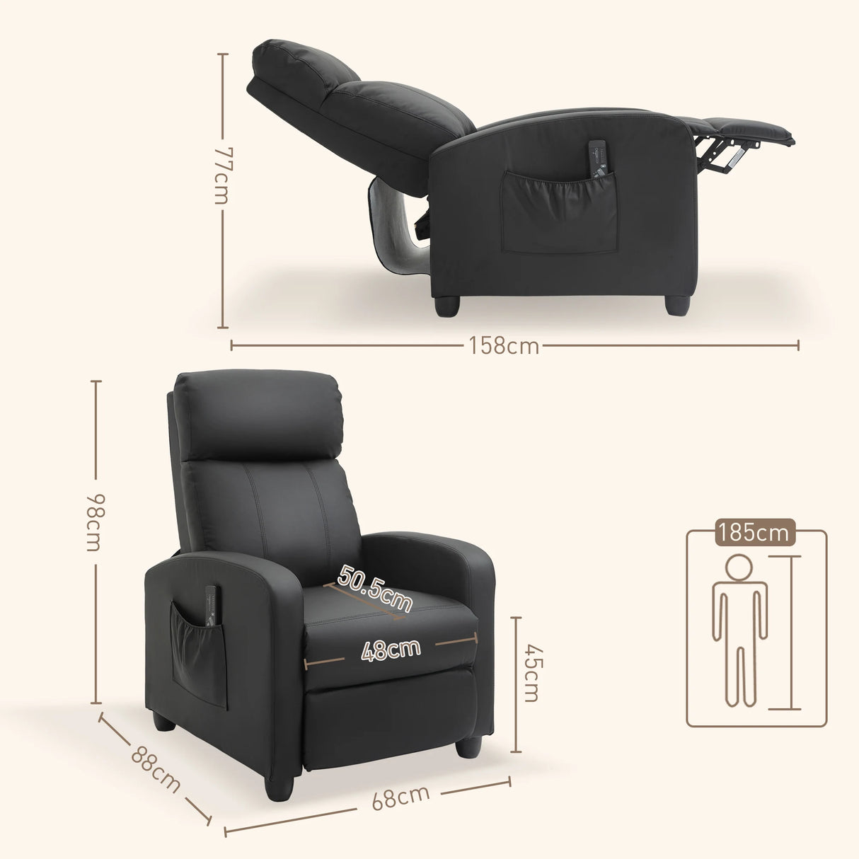 HOMCOM Massage Recliner Armchair with 150 Recline, Faux Leather, Side Pocket, Black