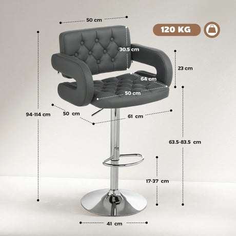 HOMCOM PU Leather Upholstered Swivel Bar Stool, Height Adjustable with Back, Armrest, Footrest, Grey