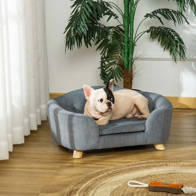 PawHut Dog Sofa Bed Pet Chair Couch with Water Resistant Fabric, Kitten Lounge with Soft Cushion, Wooden Frame for Mini Size Dogs - Grey