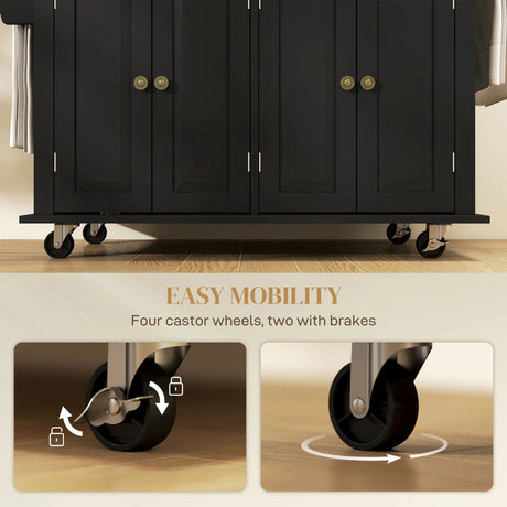 HOMCOM Rolling Kitchen Island Storage Trolley with Rubber Wood Top & Drawers for Dining Room, Black