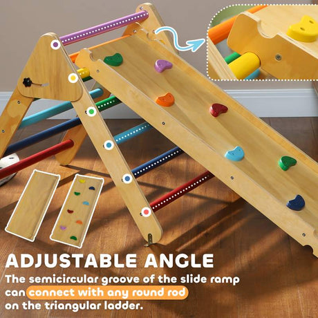 AIYAPLAY Toddler Climbing Frame for Kids with Ramp, 3 in 1 Wooden Pikler Triangle Set for 18-48 Months, Multicolour