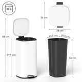 HOMCOM 30L Kitchen Bin, Compact Pedal Bin with Soft-Close and Stay-Open Lid, Removable Bucket for Kitchen, Home, Office, White