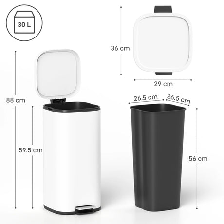 HOMCOM 30L Kitchen Bin, Compact Pedal Bin with Soft-Close and Stay-Open Lid, Removable Bucket for Kitchen, Home, Office, White