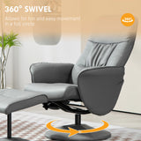 HOMCOM Swivel Recliner Chair with Footstool, PU Leather Armchair and Ottoman with High Back and Round Base for Living Room, Light Grey