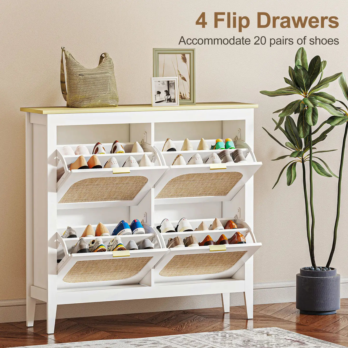 HOMCOM Narrow Shoe Cabinet, Boho Slim Shoe Storage Cabinet with 4 Flip Drawers, Holds 20 Pairs, White