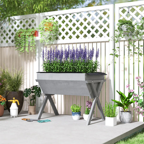 Outsunny Wooden Raised Garden Bed with Bed Liner, Elevated Planter Box with Legs, Light Grey