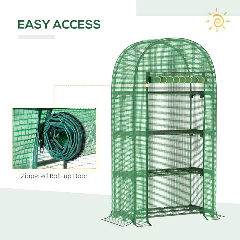 Outsunny 80 x 49 x 160cm Mini Greenhouse for Outdoor, Portable Gardening Plant Green House with Storage Shelf, Roll-Up Zippered Door, Metal Frame and PE Cover, Green