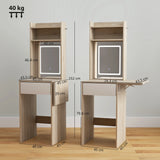 HOMCOM Small Vanity Desk with Mirror and LED Lights, Compact Dressing Table with Drop Leaf, Open Shelves, Natural Wood